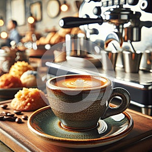 Close-up of a doppio espresso with a blurred cafe background.. AI generated. photo