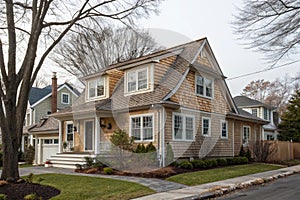 Dormer windows on sloped shingle roof of house in Brighton photo