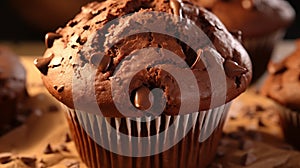 A close-up of a double chocolate chip muffin with a soft, moist center in