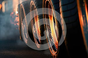 close-up of drag racing car tires with smoke