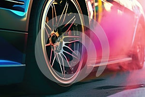 close-up of drag racing cars wheel and smoke