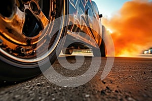 close-up of drag racing cars wheel and smoke