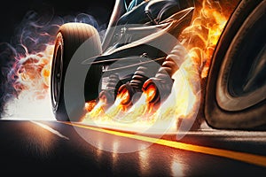 close-up of the drag racing start, with the driver's foot on the pedal and flames visible in the engine