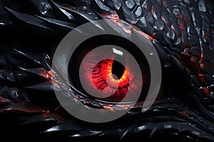 Close-up of dragon eye,3d rendering of a fantasy dragon with red eye on black background.GenerativeAI.