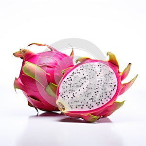 A close up of a dragon fruit cut in half