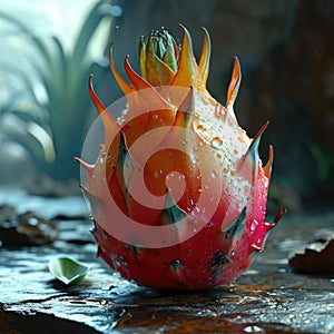 A close up of a dragon fruit on a table