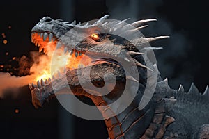 A close-up of the dragon's terrifying mouth spewing fire, generative AI.