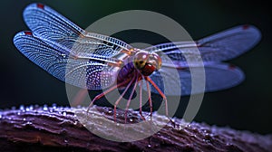 a close up of a dragonfly on a plant stem