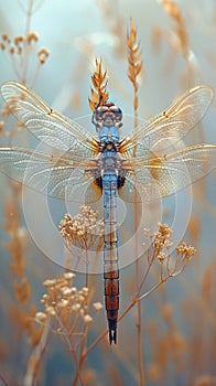 Close-up of a dragonfly resting on a reed