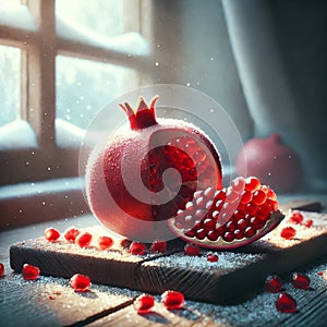 Winter Pomegranate Magic: Open Pomegranate on Snowy Wooden Board by Window AI-GENERATED