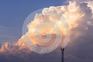 Close up dramatic twilight sunset fluffy cloud on blue sky