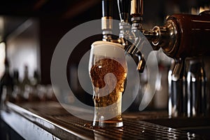 close-up of draught beer flowing from tap, with foamy head