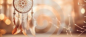 a close up of a dream catcher with feathers hanging from it