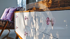 A close up of a dresser with pink knobs and purple flowers, AI