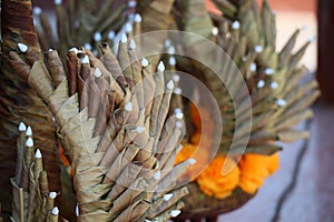 Close-up of dried banana leaves made into a Krathong.