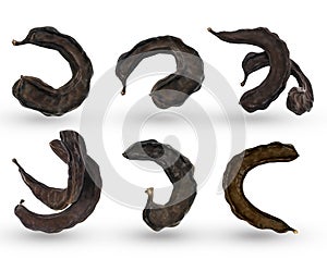 Close-up dried brown carob fruits isolated on white background. Healthy cocoa substitute