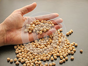 Close up of dried cheakpea beans Cicer arietinum in hand with brown wood background