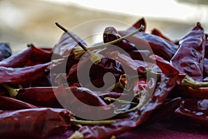 Close up of dried hot red chillies