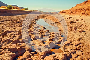 Pohled zblízka na sušené řeka postel křaplavý povrch globální oteplování. ilustrace 