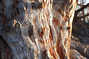 close-up of dried up tree bark in sunlight