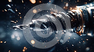 Close-up of a drill bit in action, sparks flying