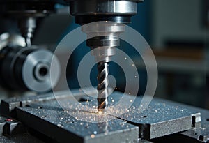 Close-up of a drill bit creating sparks during metal machining process