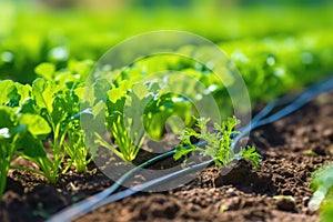 close up of drip irrigation system in vegetable garden