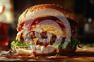 A Close-Up of a Dripping Double Cheeseburger with Lettuce and Ketchup photo