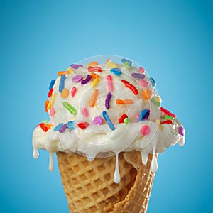 Close up of dripping and melting ice cream cone with vanilla icecream and a waffle cone covered in colorful sprinkles on blue