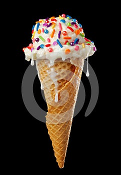 Close up of dripping and melting ice cream cone with vanilla icecream and a waffle cone covered in colorful sprinkles isolated on