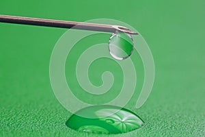 Close-up of a drop of medicine on the tip of a medical injection needle