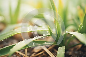 close up of droplets on fertilizer soaked plants