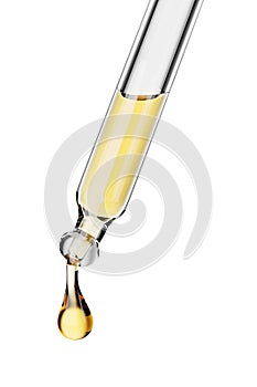 Close-up of dropper with drop isolated on white. 3d rendering