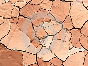 Close up of dry cracked mud on a hot day