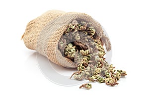 Close-up of Dry Sanjivini Booti leaves, spilled out from a laying jute bag. photo