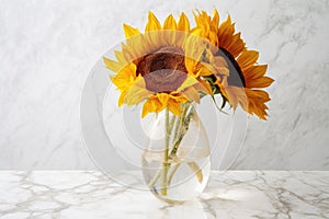 close-up of a dry sunflower in a glass vase on a white marble table