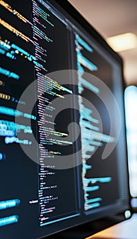 Close up of dual screens showcasing coding for ai development and predictive analytics in action