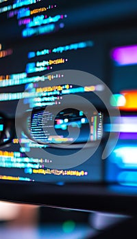 Close up of dual screens showcasing coding for ai development and predictive analytics