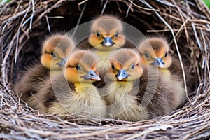 close-up of a ducks nest with a brood of fluffy ducklings