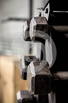 Close up of dumbbells rack