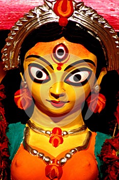 A close up of Durga idol. photo