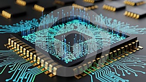 Futuristic Microchip with Glowing Circuits and Data Streams