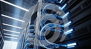 Futuristic Server Room with Glowing Blue Cables and Lights