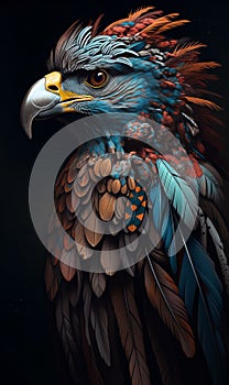 Close-up of an eagle bird with feathers on its head Generative AI