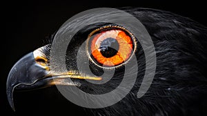 This is a close-up of an eagle's eye in front of a black background.