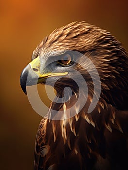 Close-up of an eagle\'s head, with its eyes looking directly at camera. The bird is positioned in front of tree and
