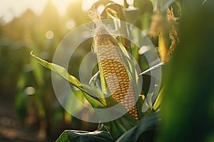 Close-up of an ear of ripe organic corn in a field. Harvesting agriculture. Generative AI