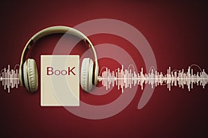 Close-up earphones and Audiobook on red background with Audio track. Audio, listen. Audiobook concept