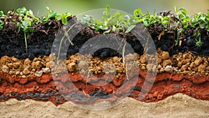 A close up of a soil cut layers pile with plants growing in it, AI