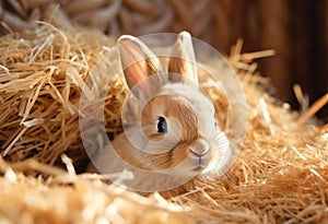 Close up of Easter bunny in soft natural straw